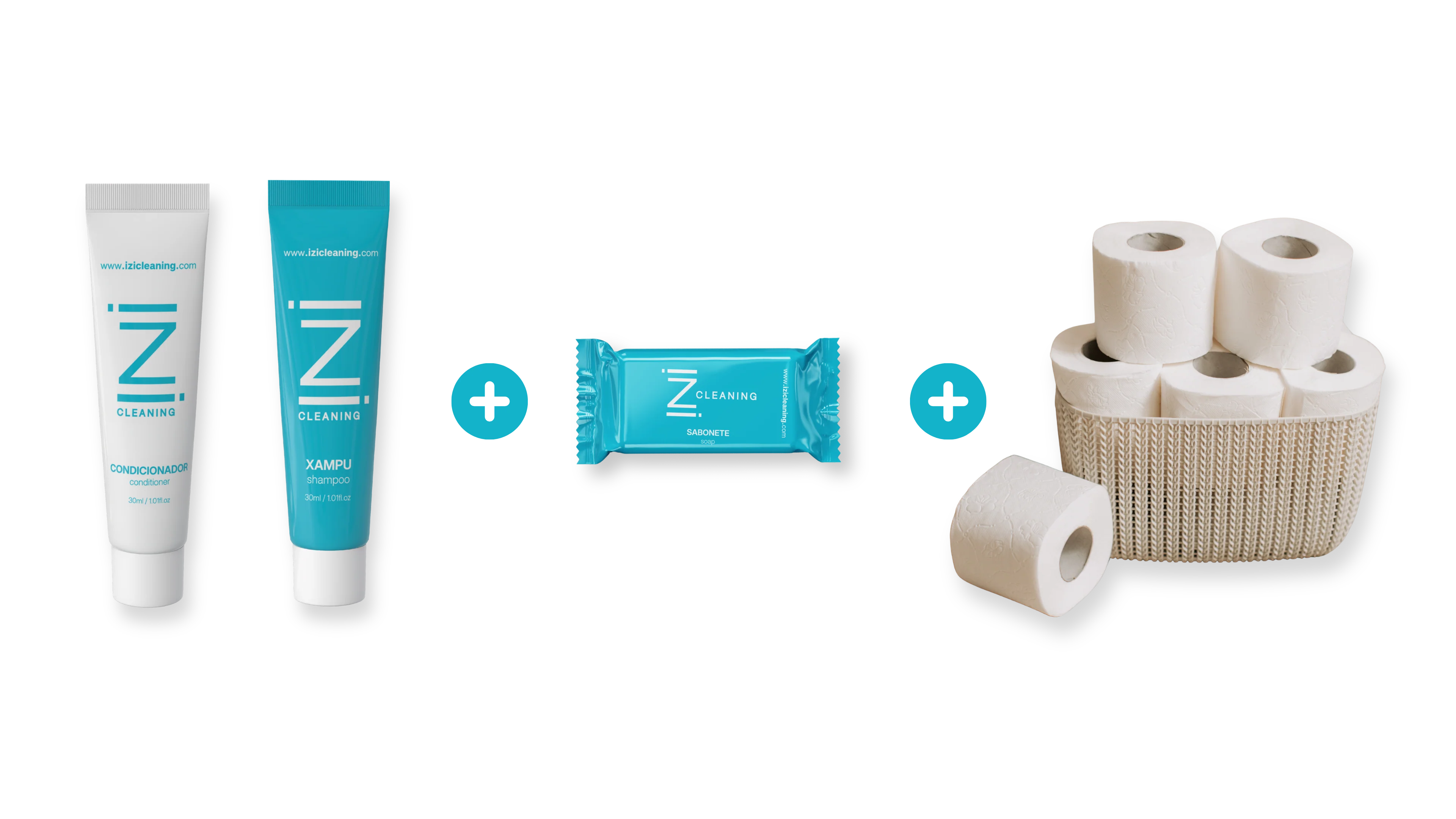 Kit de amenities básico izi, shampoo, condicionador, sabonete e papel higiênico