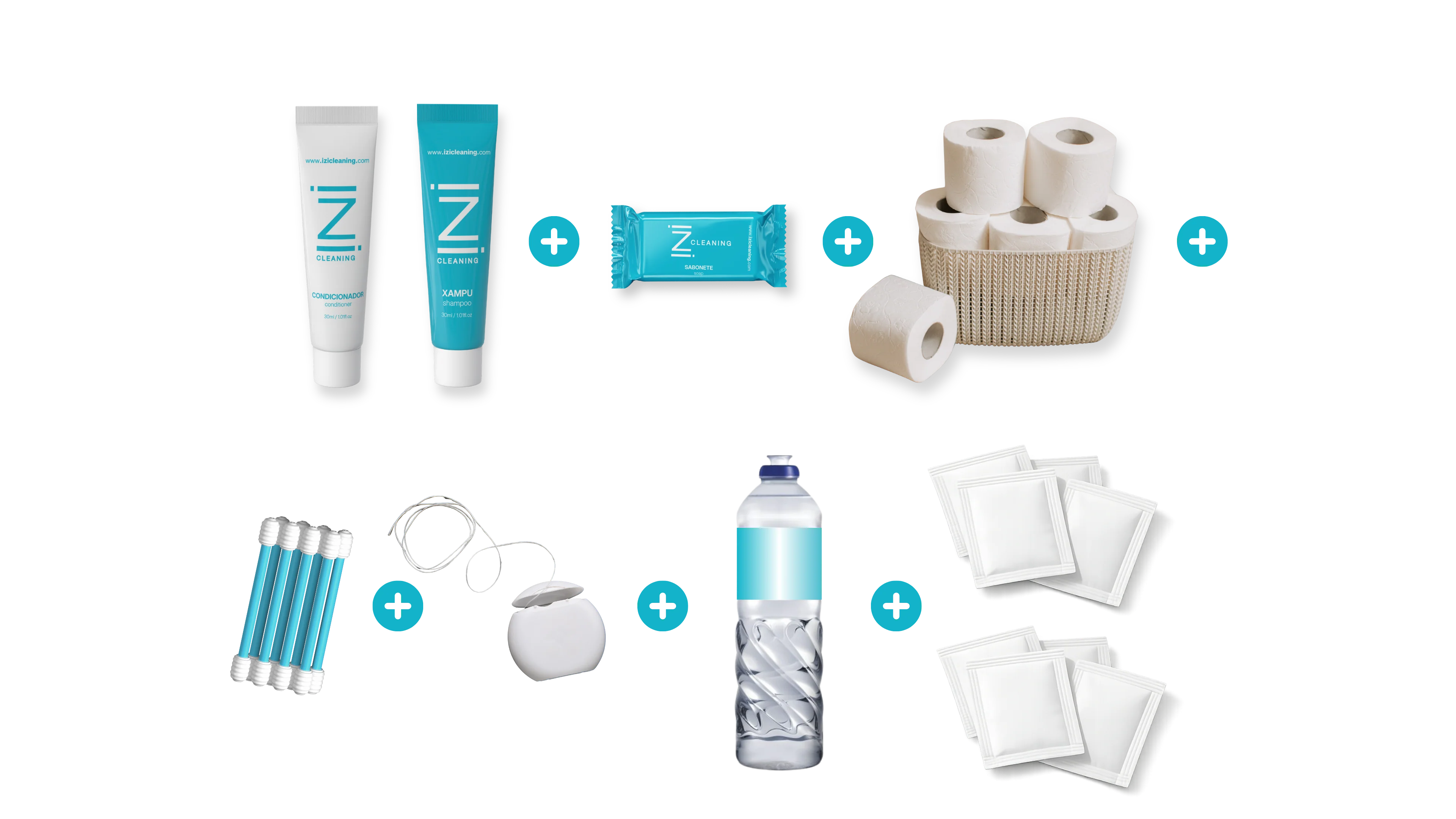 Kit de amenities premium izi, pacote básico acrescido de fio dental, cotonetes, detergente e sachês